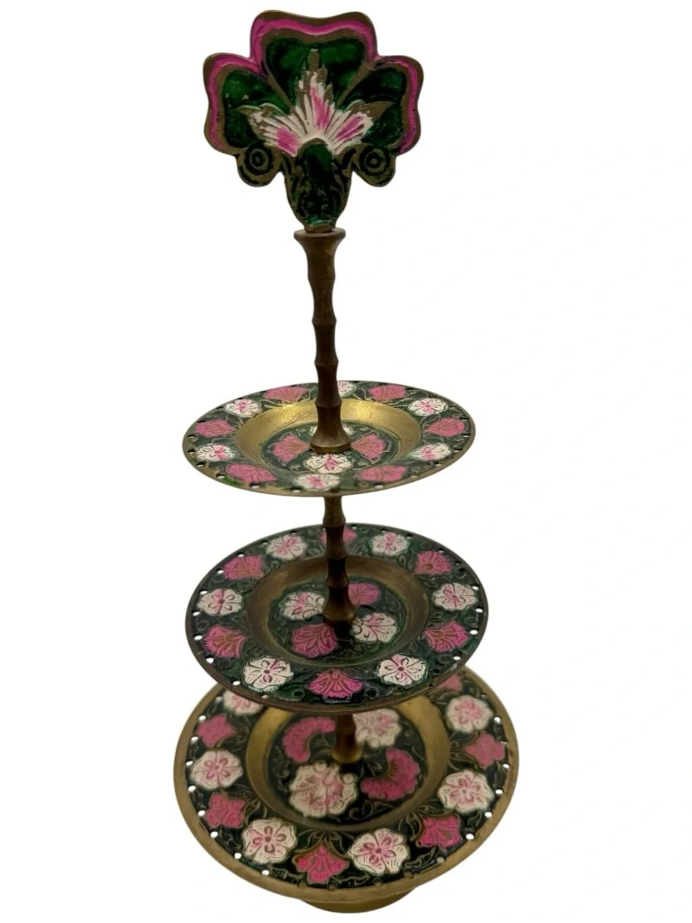 Vintage, floral-patterned brass and enamel 3-tier tray stand